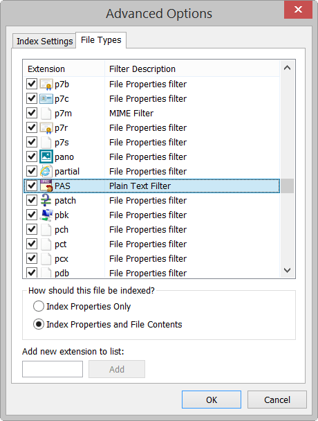 Indexing Options - Advanced - File Types