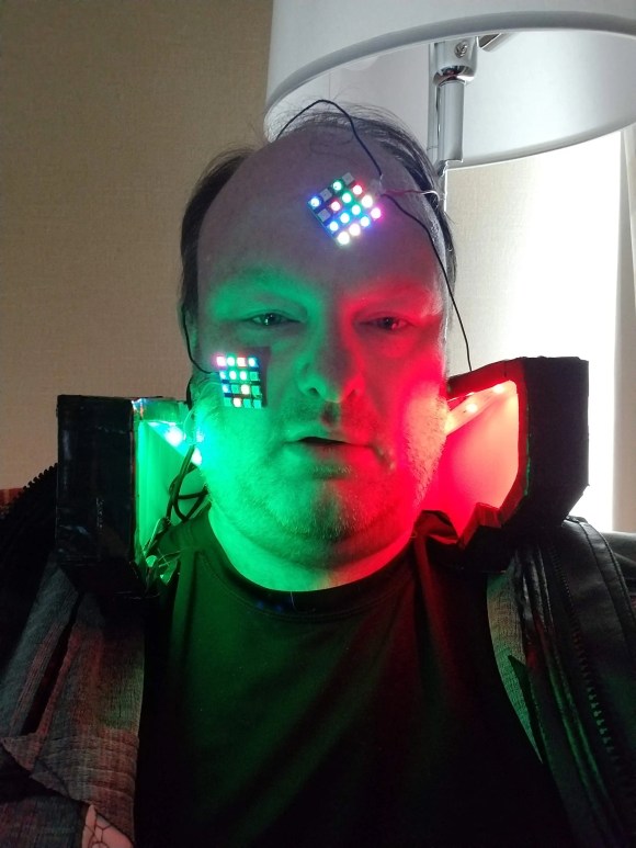 Cyberpunk 2077 cosplay LEDs straight on. They changed colors, and weren't always red and green.