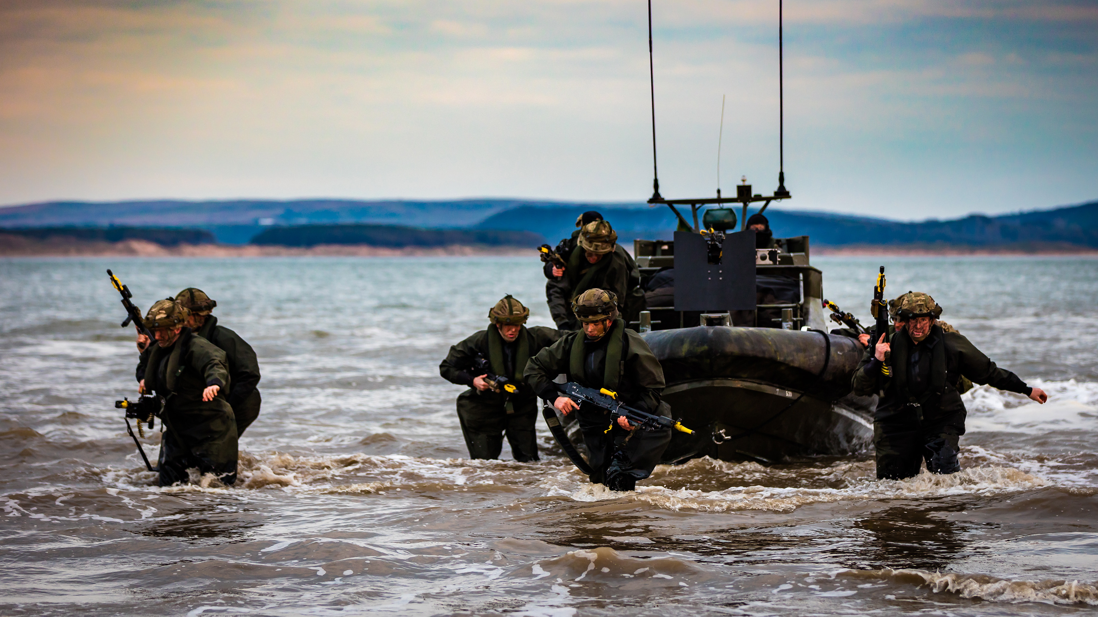 Pictured are members of Alpha Company, 40 Commando Royal Marines during their amphibious insertion by Offshore Raiding Craft (ORC) from RFA Lyme Bay during Exercise Joint Warrior. April 29, 2018.