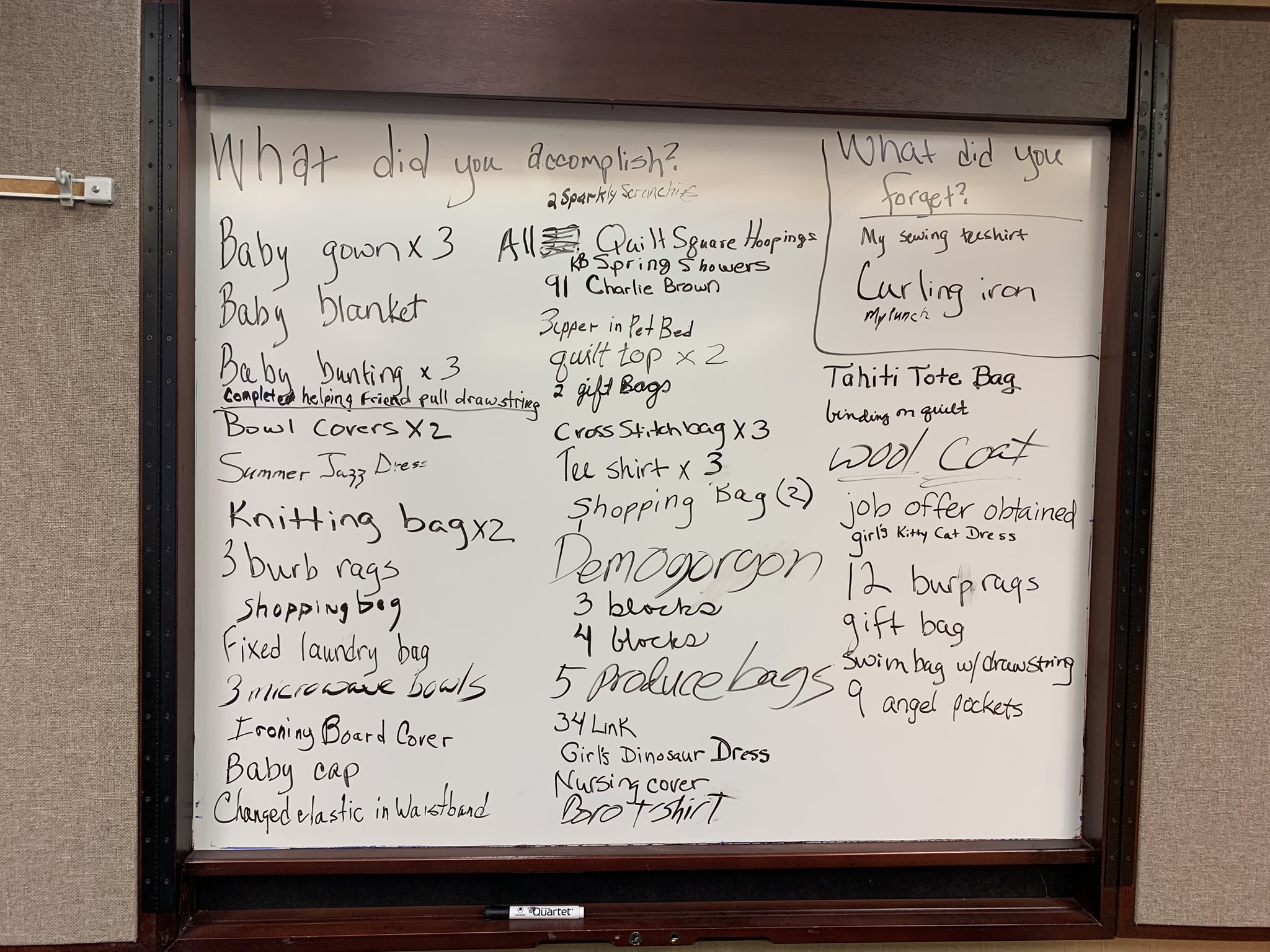 Sew In white board Denver Sewing Guild