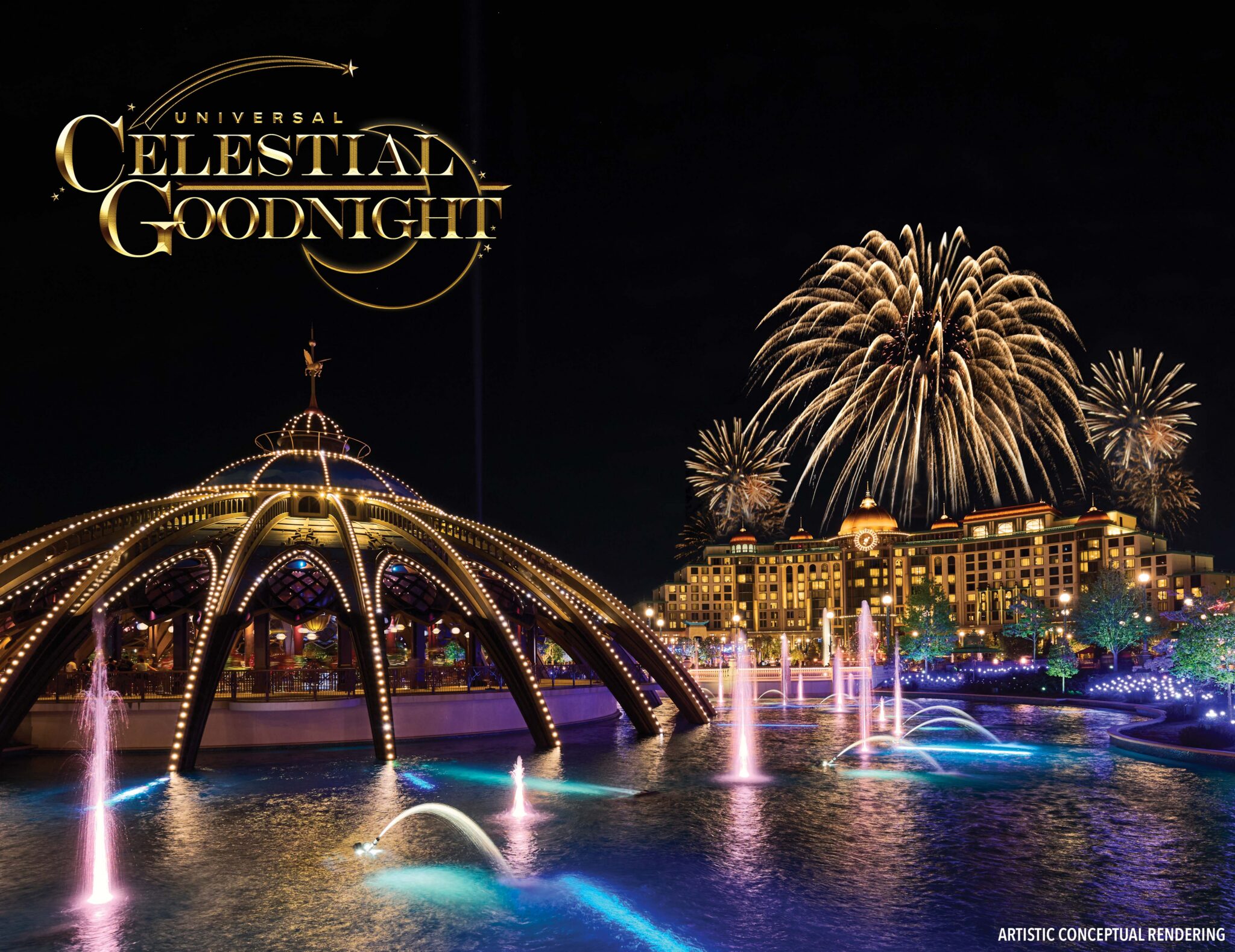 "Universal Celestial Goodnight", el nuevo show de fuegos artificiales de Epic Universe. (Universal)