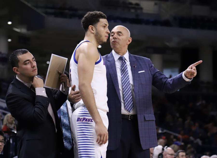 Dave Leitao coaches junior forward Jaylen Butz during a game against Cornell on Nov. 16.