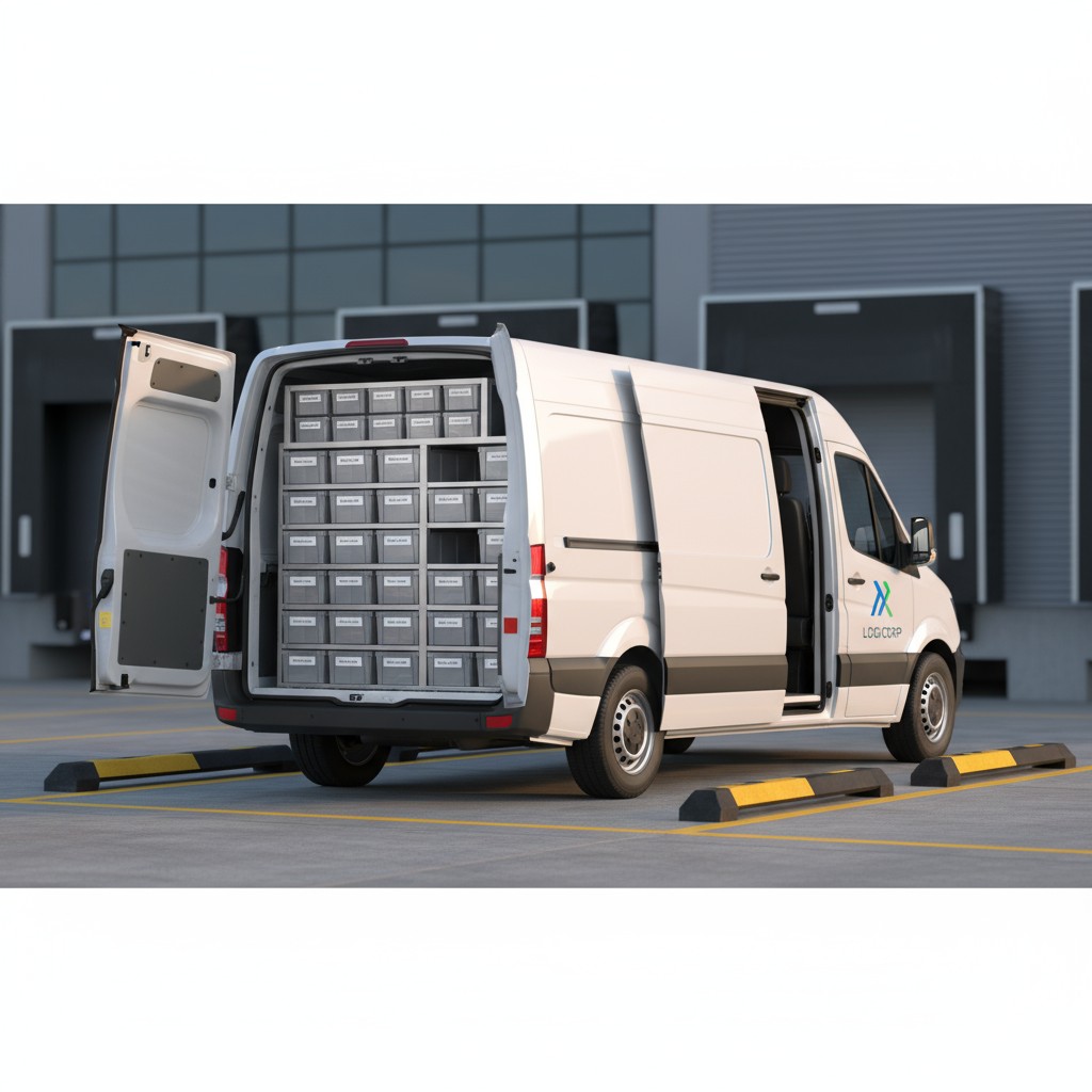 A white van is parked in a parking lot, with its rear doors open, showcasing a customized storage system inside. The exter...