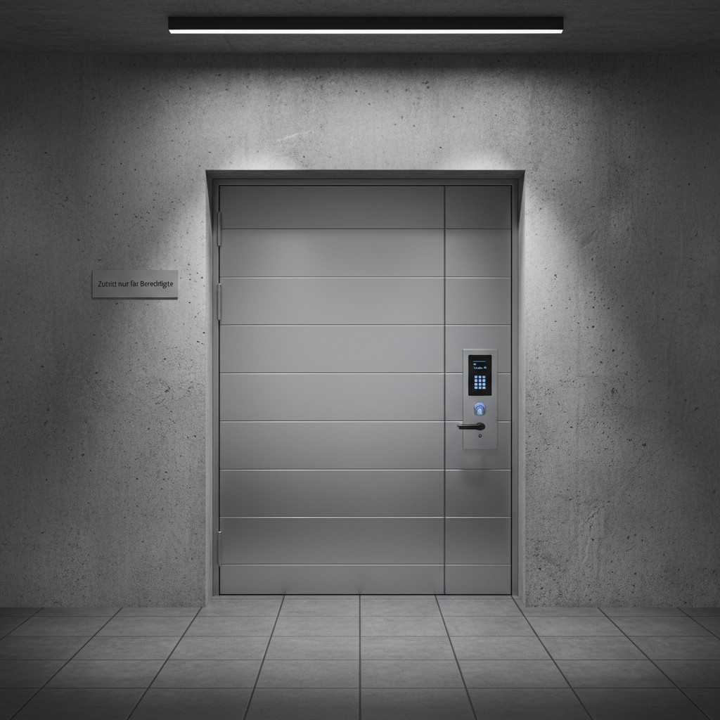An empty elevator with "Zumitt nur für Berechtigte" displayed on the wall.