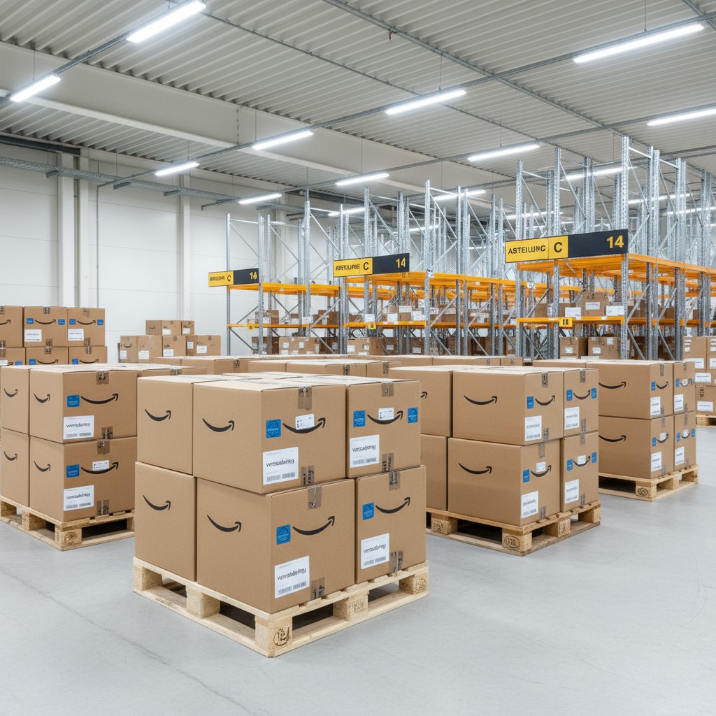 A large warehouse with rows of shelving and Amazon boxes stacked on pallets.