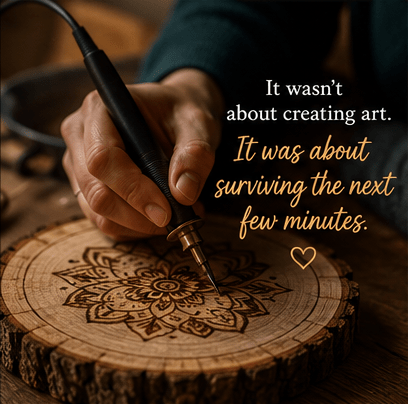 Woodburning artwork representing creative healing, grief, hope, and the beginning of emotional recovery through pyrography.