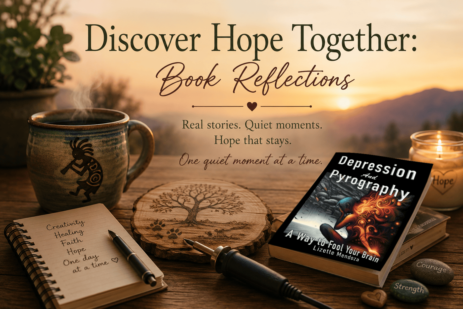 Discover Hope Together Book Reflections featuring Depression and Pyrography book, woodburning art, journal, and peaceful sunrise symbolizing hope, healing, and creativity.