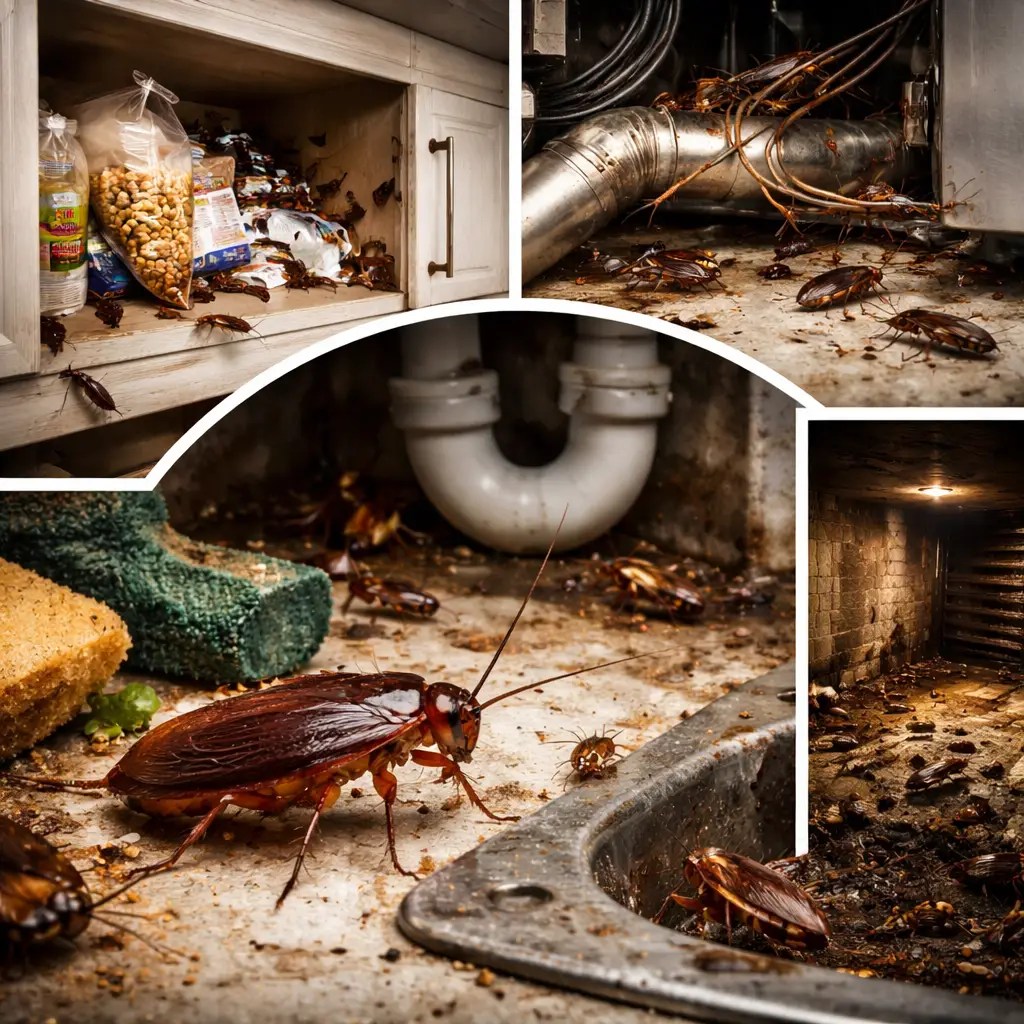 Infestation de blattes et cafards en habitation et restaurant à Clermont-Ferrand, présence sous électroménager et canalisations, traitement professionnel anti-cafards en Auvergne (63)