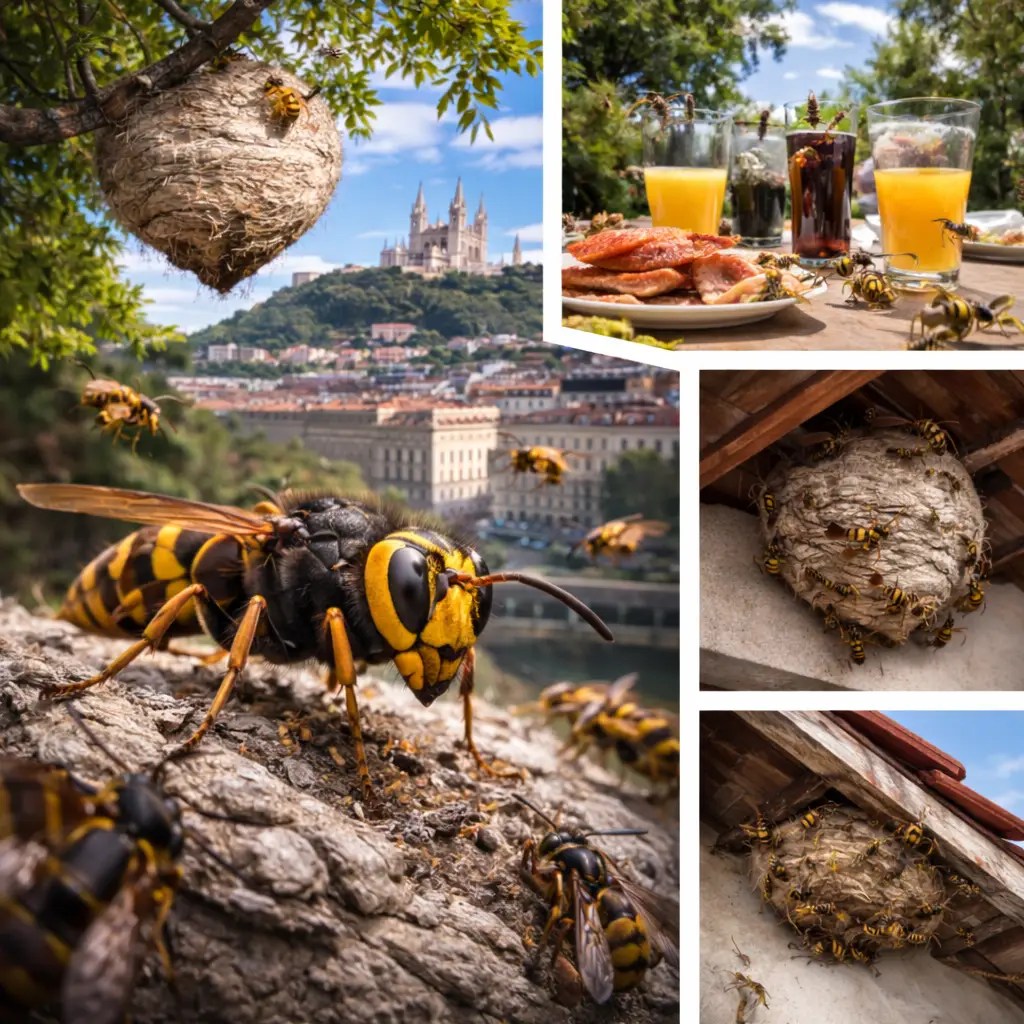 Infestation de guêpes et frelons asiatiques à Lyon et agglomération lyonnaise, nid en toiture et jardin, intervention rapide de désinsectisation dans le Rhône.