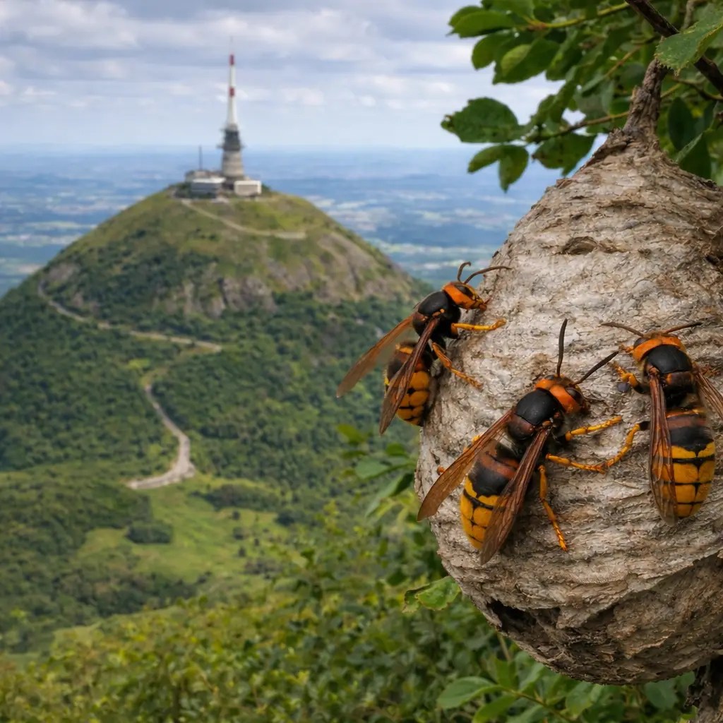 Nid de frelons asiatiques dans le Puy-de-Dôme (63) en Auvergne-Rhône-Alpes, menace piqûres, risque choc anaphylactique, destruction de nid par professionnel à Clermont-Ferrand.