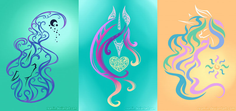1557555 - Safe, Artist:reamin, Princess Cadance, Princess Celestia, Princess Luna, Alicorn, Pony, Abstract, Female, Horn, Lineart, Mare, Minimalist, Modern Art, Solo, Tattoo, Tattoo Design - Derpibooru 377_x_800_jpg