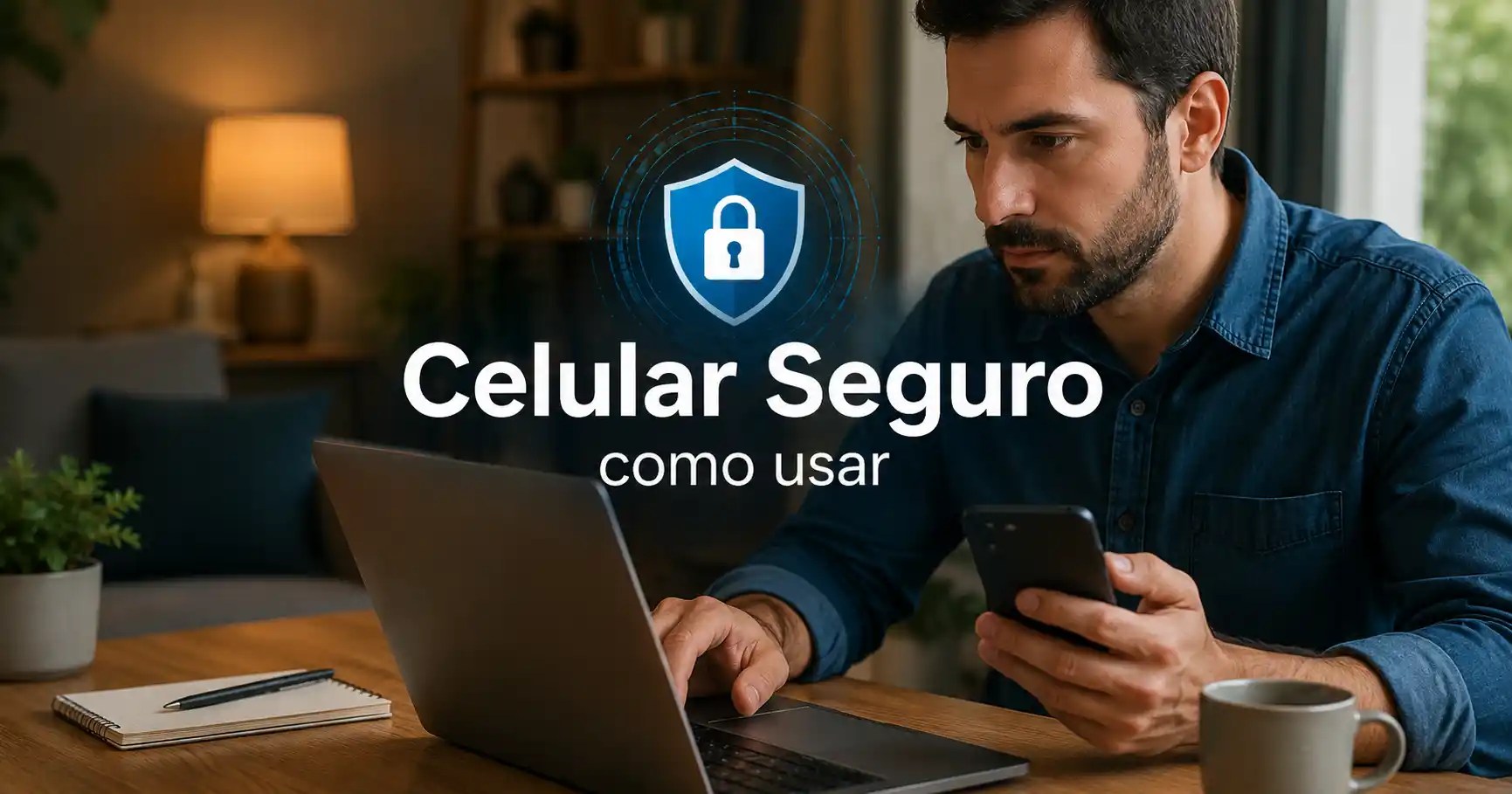 Ilustração de pessoa ao lado de celular com escudo, representando uso seguro do Celular Seguro Bloquear Celular.
