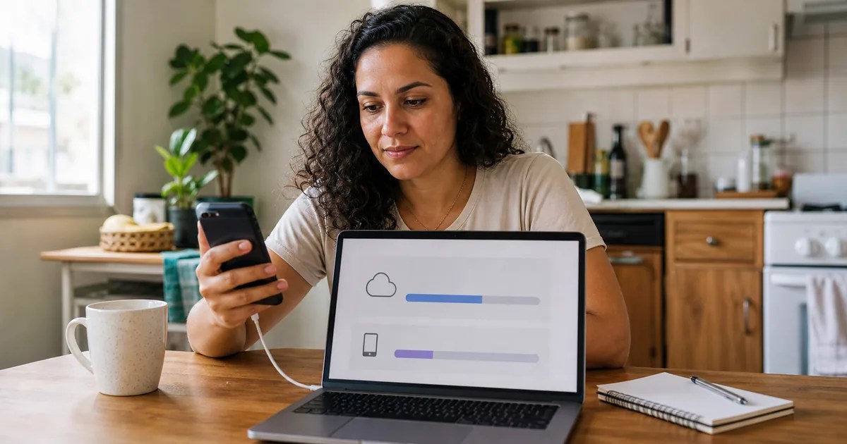 Mulher conferindo backup WhatsApp Google Drive e espaço no notebook