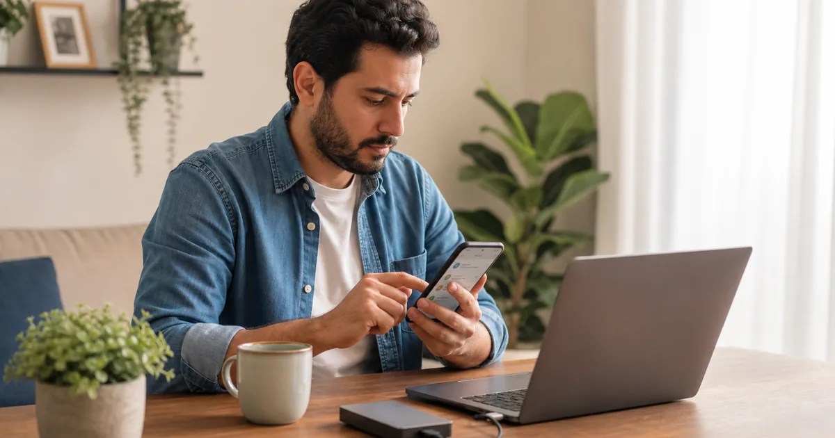Homem organiza backup WhatsApp PC com celular e notebook