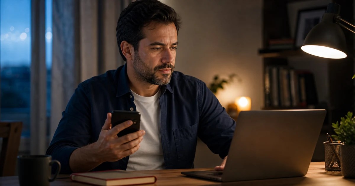 Homem verifica celular e notebook após perceber um possível Gmail hackeado