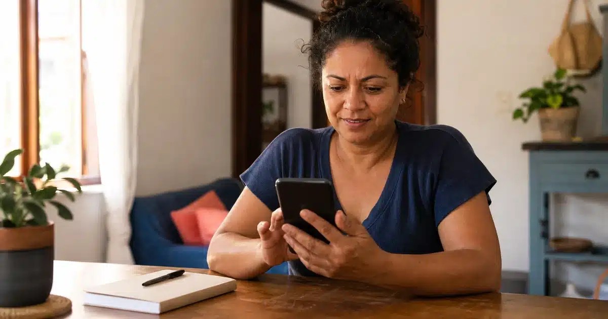Mulher em casa consulta o celular durante a leitura de orientações para recuperar Gmail