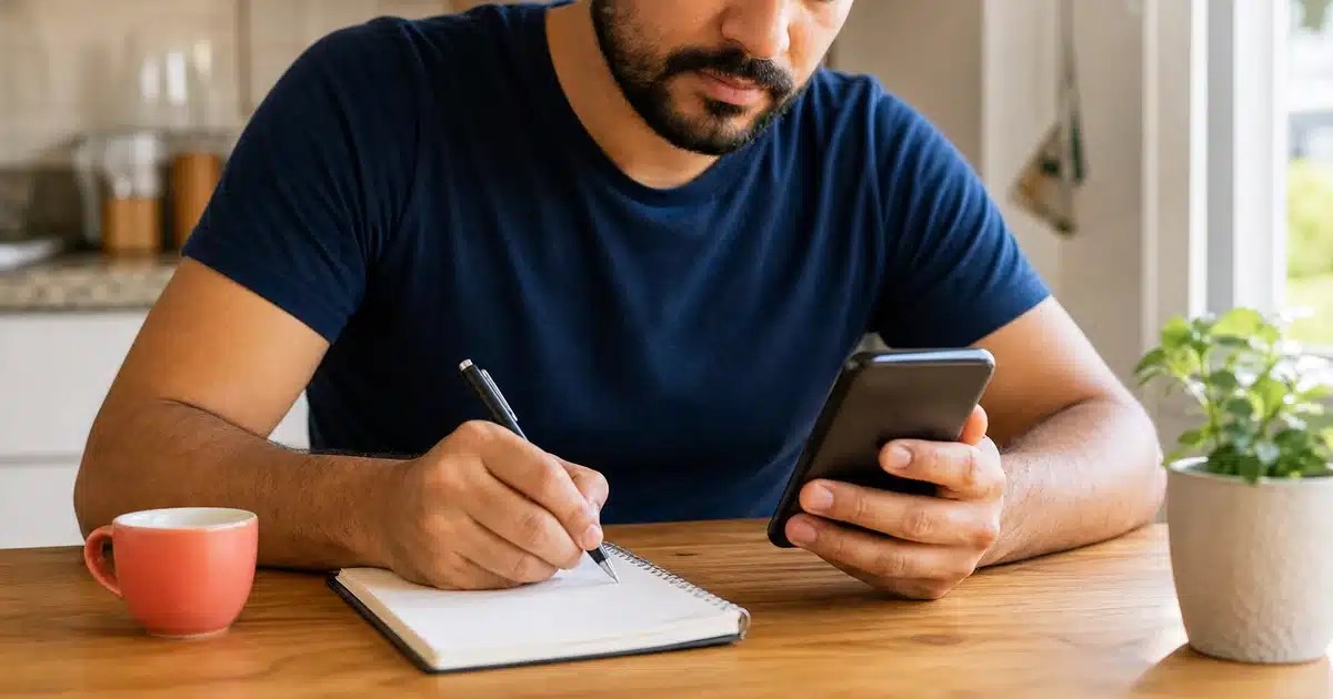 Homem anota orientações enquanto consulta o celular para recuperar senha do Gmail