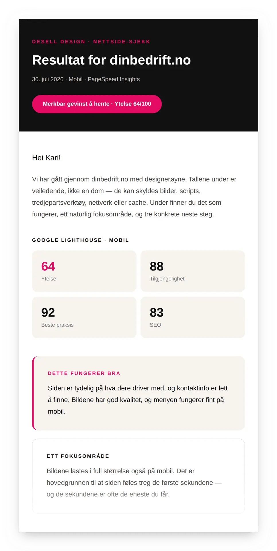 Eksempel på nettside-rapporten du får på e-post