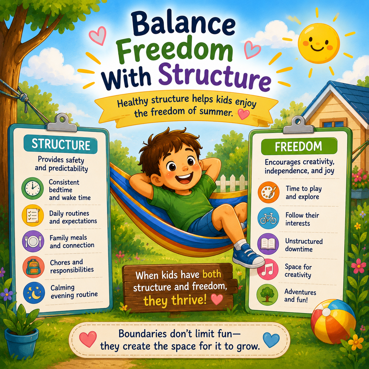 Colorful cartoon illustration showing children balancing summer fun and freedom with healthy routines, responsibilities, outdoor play, and structure.