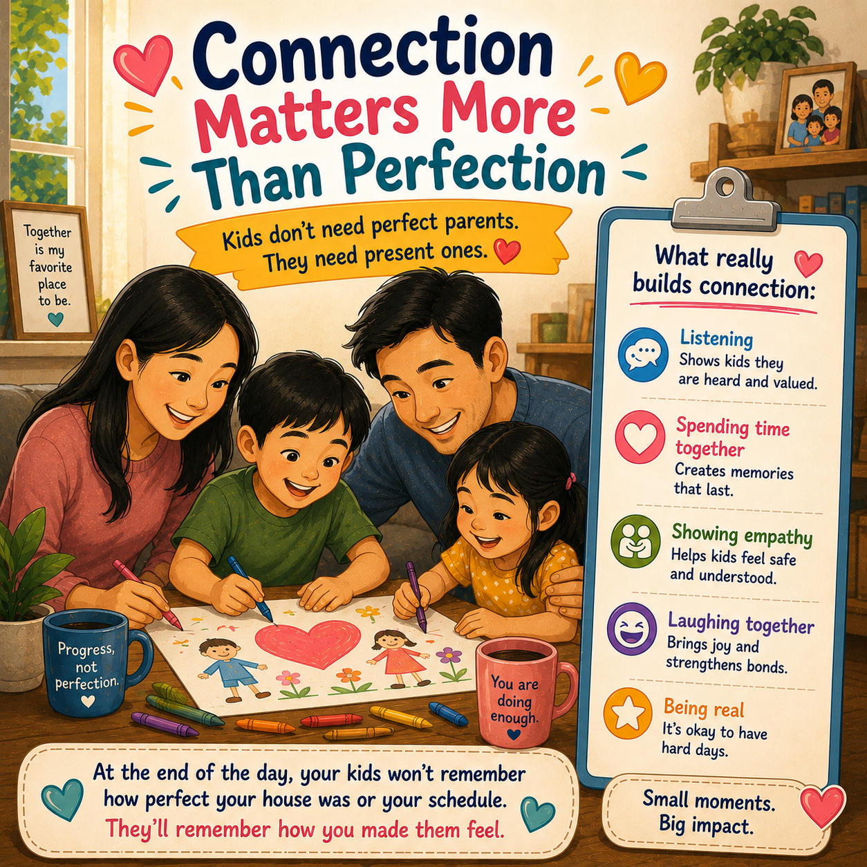 Warm cartoon illustration of a family spending quality time together through drawing, laughter, and emotional connection instead of striving for perfection.