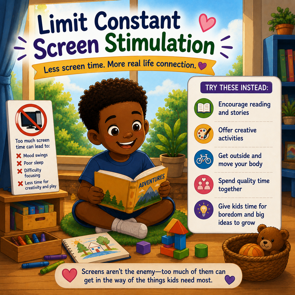 Cartoon illustration of a boy reading a book and enjoying creative activities while promoting healthy screen time limits and real-life connection.