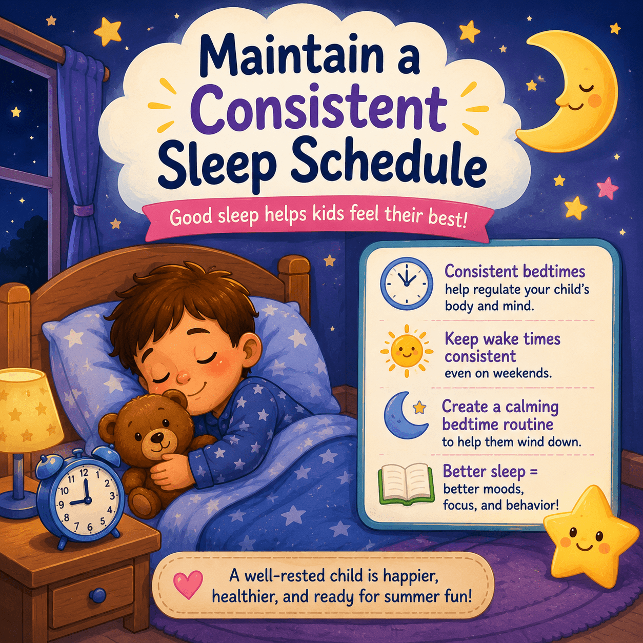 Cartoon illustration of a peaceful bedtime routine for children featuring calming nighttime elements, cozy sleep spaces, and healthy summer sleep habits.