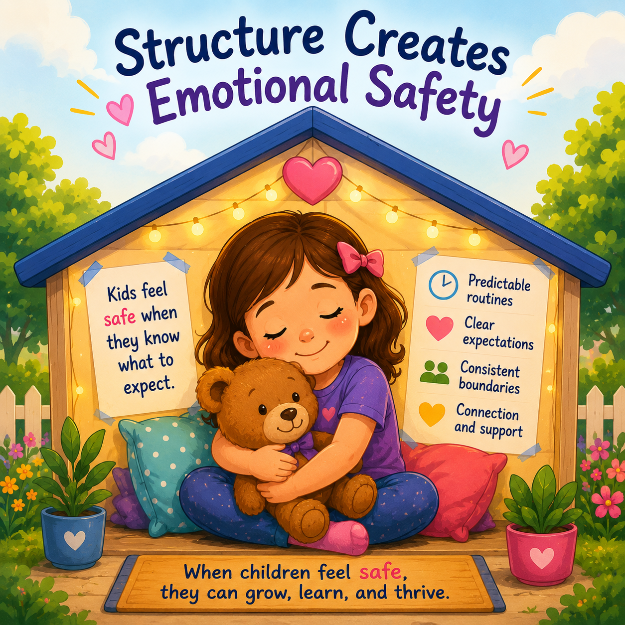 Colorful cartoon illustration of a girl hugging a teddy bear inside a cozy playhouse representing how routines, consistency, and emotional safety help children feel secure.