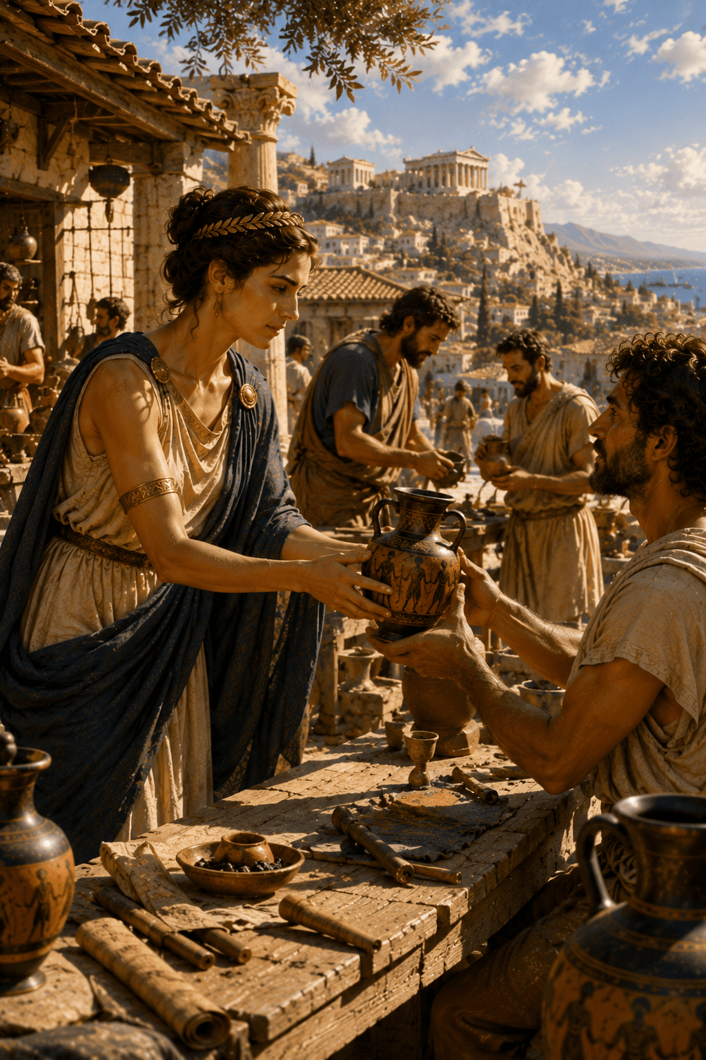 A Greek woman actively exchanges handcrafted pottery in a bustling ancient marketplace, symbolizing purposeful action, contribution, and meaningful engagement with others.