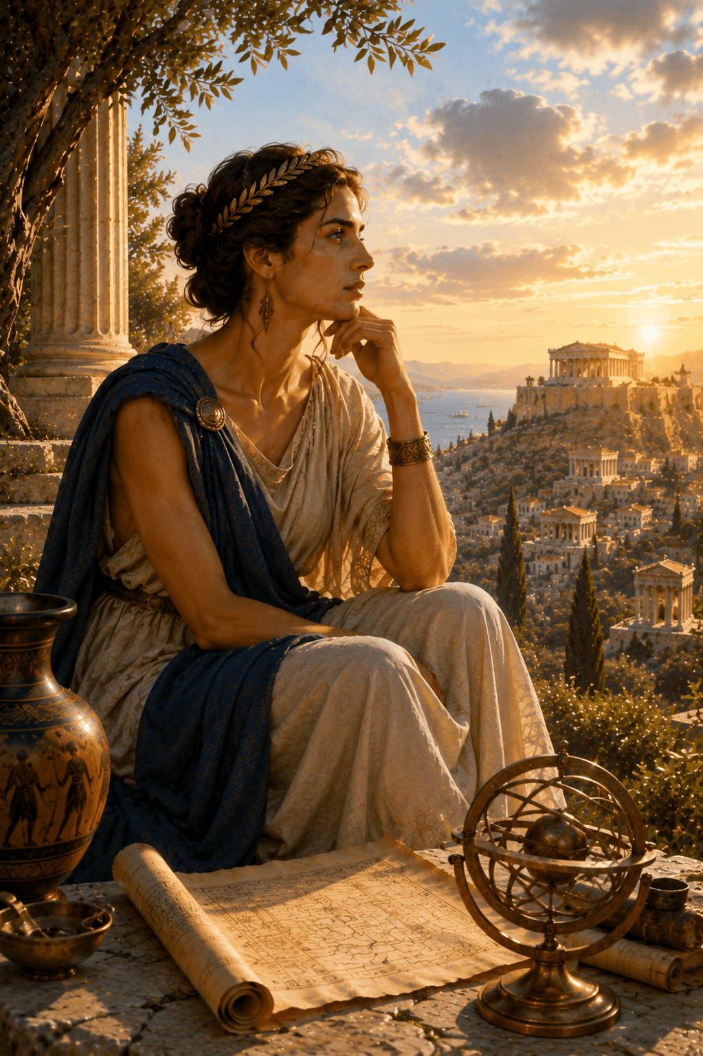A thoughtful Greek woman overlooking an ancient Mediterranean city, surrounded by scrolls and scholarly instruments, representing wisdom, reflection, and careful decision-making.