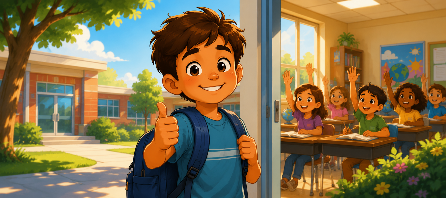 A happy, confident child enters school while classmates participate enthusiastically in a bright and welcoming classroom.