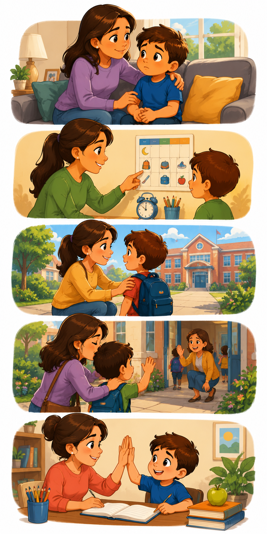 A parent supports a child through listening, practicing routines, preparing for school, offering encouragement, and celebrating progress.