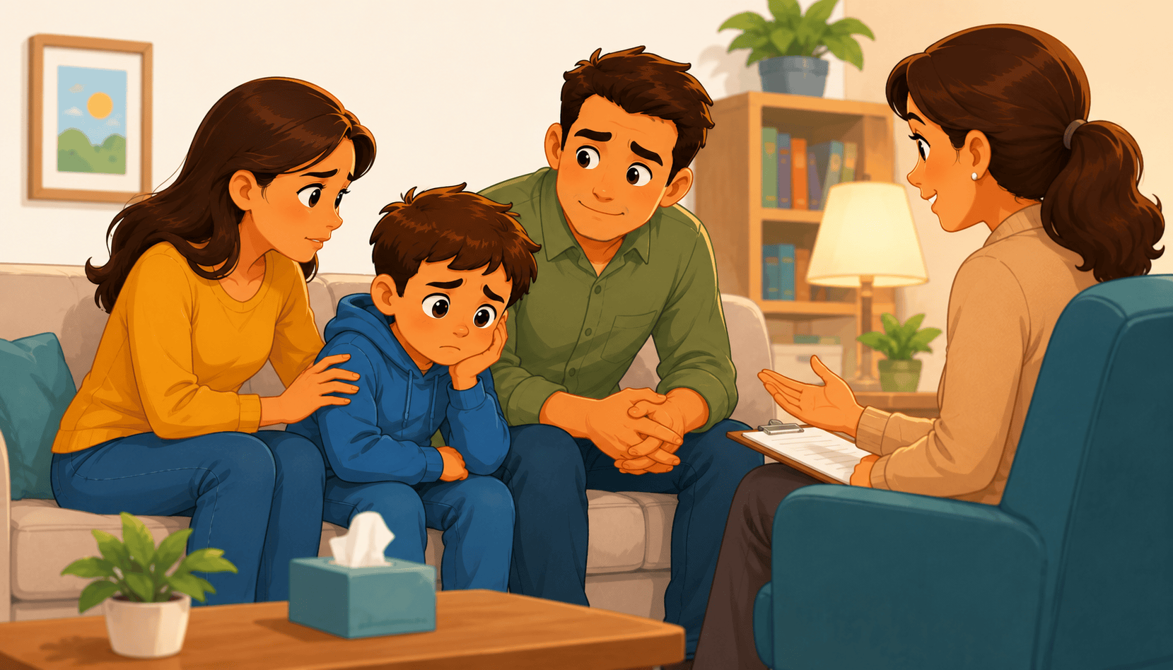 A concerned child and supportive parents meet with a therapist to discuss persistent school anxiety and emotional challenges.