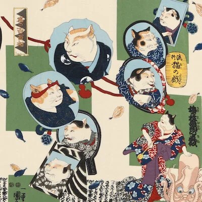 Kuniyoshi Loves Cats! - Japanese Kimono Aloha Shirts Pagong Kyoto Japan