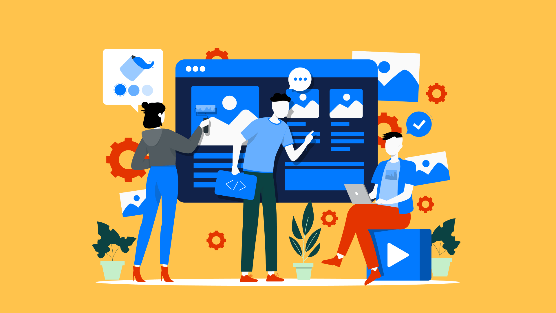 A group of people using a computer, with a blue background, demonstrating teamwork and concentration on their work.