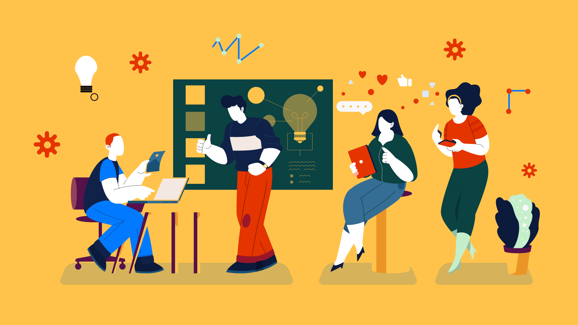 Individuals gathered around a table, engaged with laptops and phones, collaborating or sharing ideas.