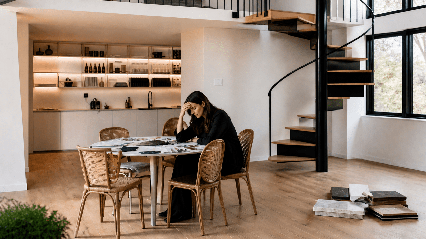 an interior designer working on a table, looking frustrated