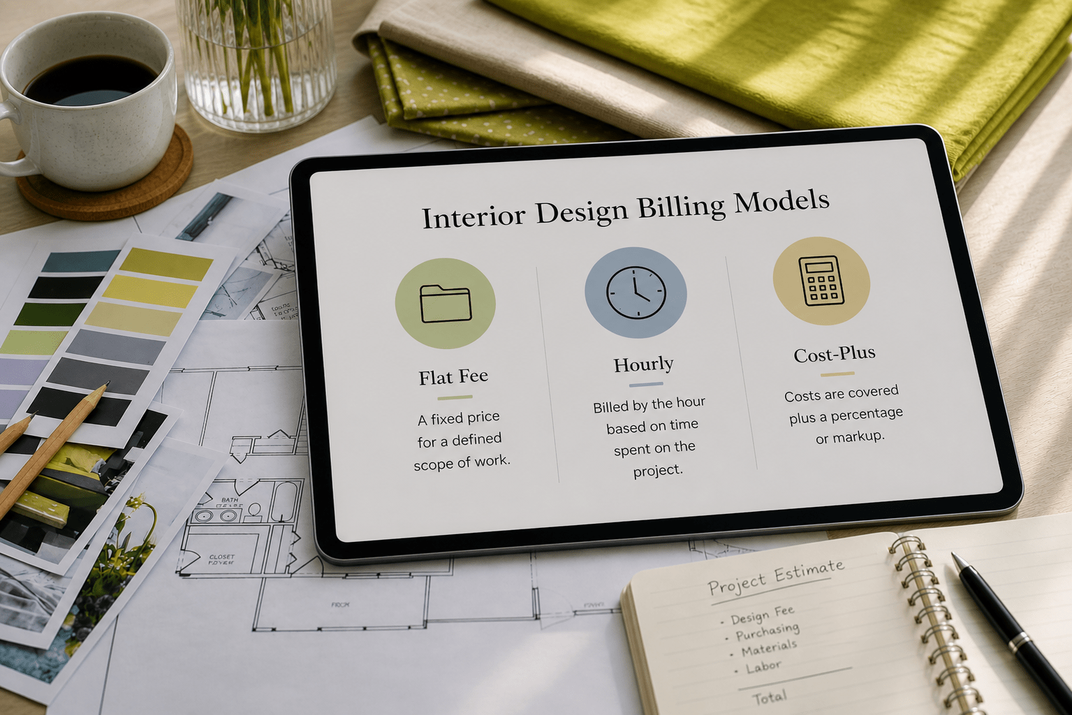laptop with billing models interface and interior designers table with plans and fabric swatches