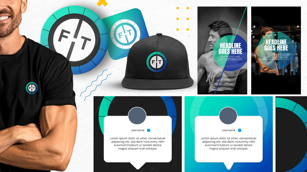 A smiling man wearing a black t-shirt with a logo, standing with arms crossed. In the background, various graphic design elements including a cap, promotional text, and circular logos are displayed.