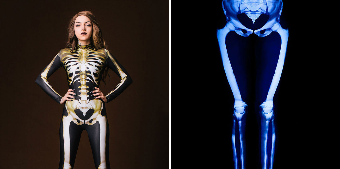 The superb glow-in-the-dark full body skeleton costume by bandika