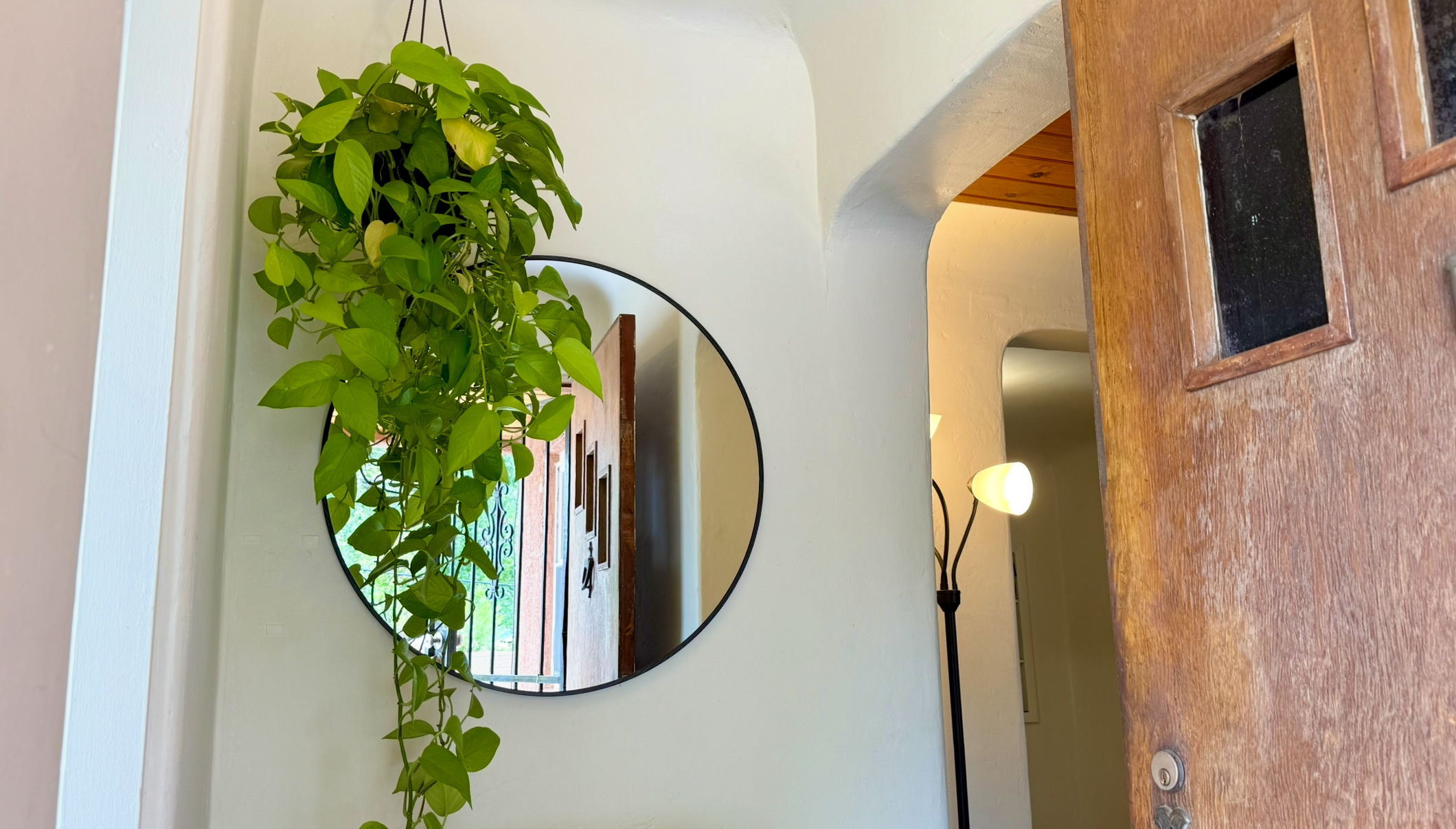 Front entrance to a house. There is a large round mirror straight ahead and it shows a reflection of a wood door, a metal door, and lots of trees. There is a very large green plant hanging from the ceiling. 