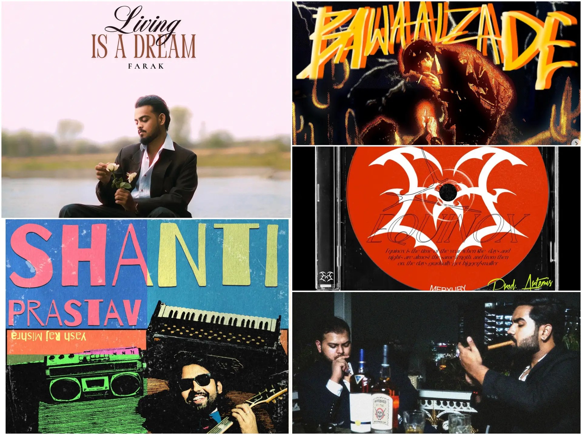 Collage of underground Indian hip-hop releases from 2025, featuring cover art from Farak, Ksar, Artemis., Yash Raj Mishra, and MAFIA & DHS