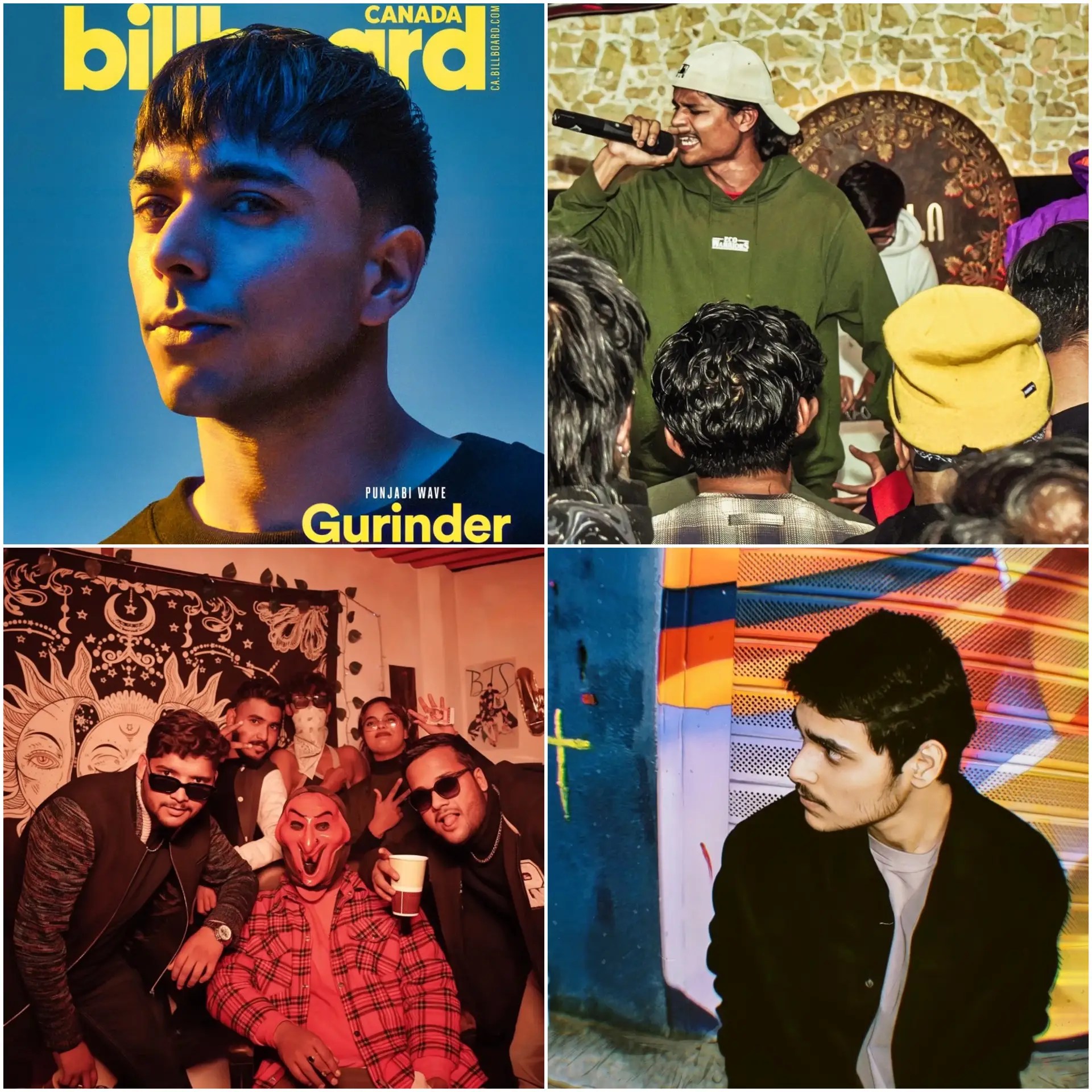 Collage of featured artists from Desi Renaissance Weekly Picks (Sept 11, 2025): Gurinder Gill on Billboard Canada cover, Rajat Birla performing live, No Rest Grind crew group photo, and Zaiyah portrait. Highlights the best new Indian hip hop songs of the week.