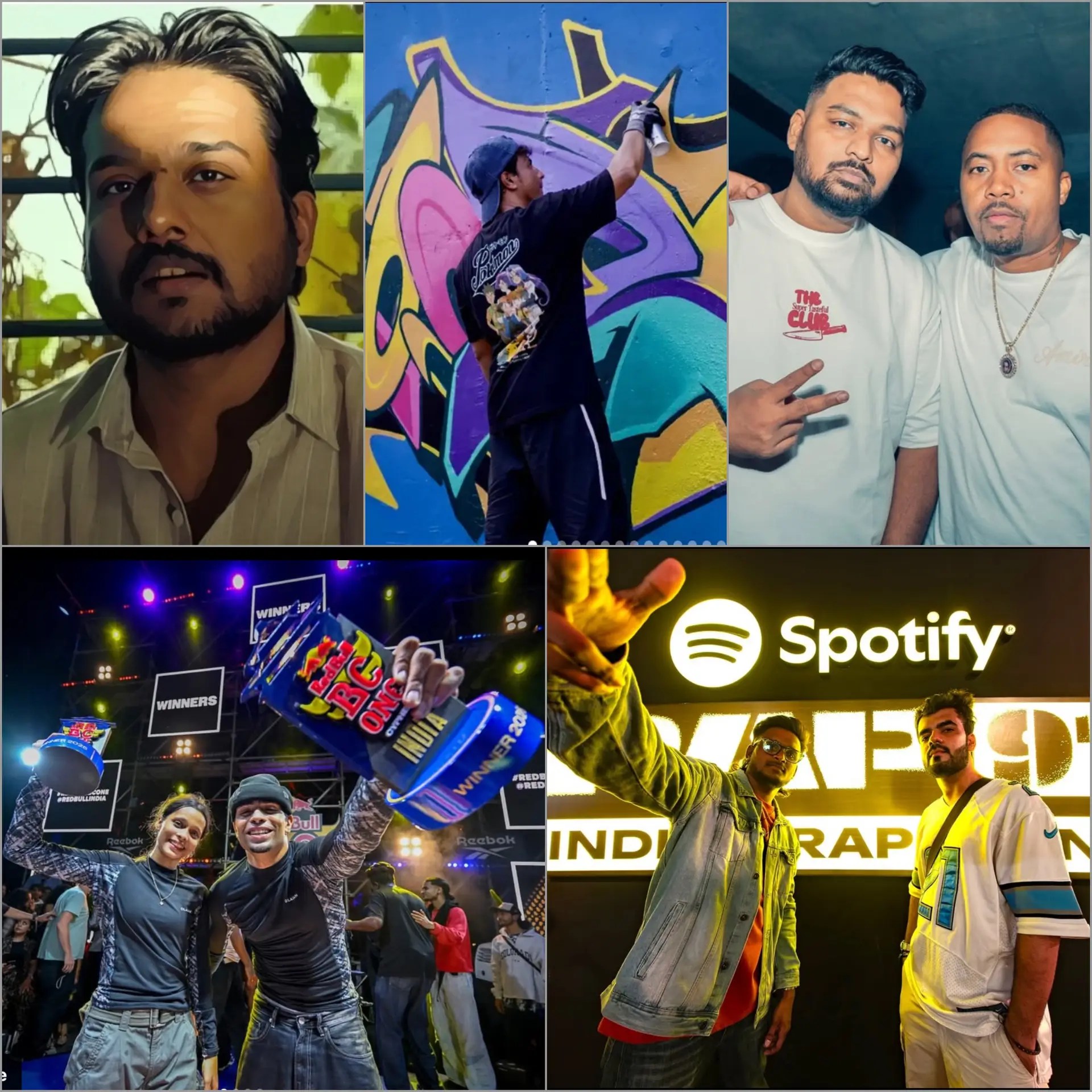 A collage capturing Indian hip hop culture — featuring a rapper, graffiti artist, DJs, beatboxers, and the independent scene, representing the elements that power Desi Hip Hop.