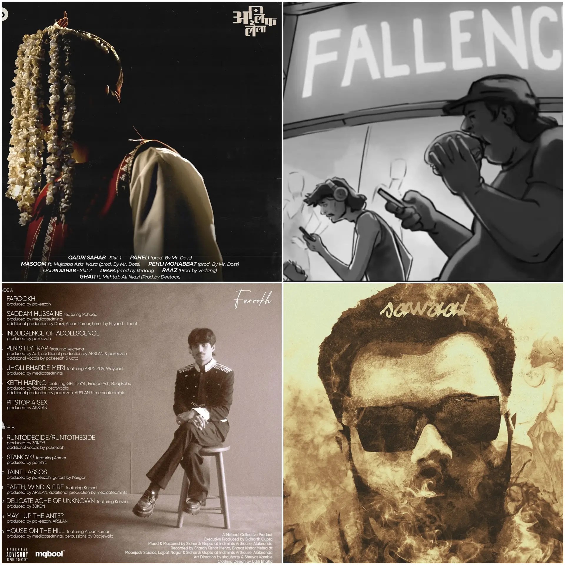 Album artworks and covers from the top Indian hip-hop songs of September and October 2025, featuring Farhan Khan’s Alif Laila, Poetik Justis’ Kala Pani, shauharty’s Farookh, and Bhappa’s Sawaal.
