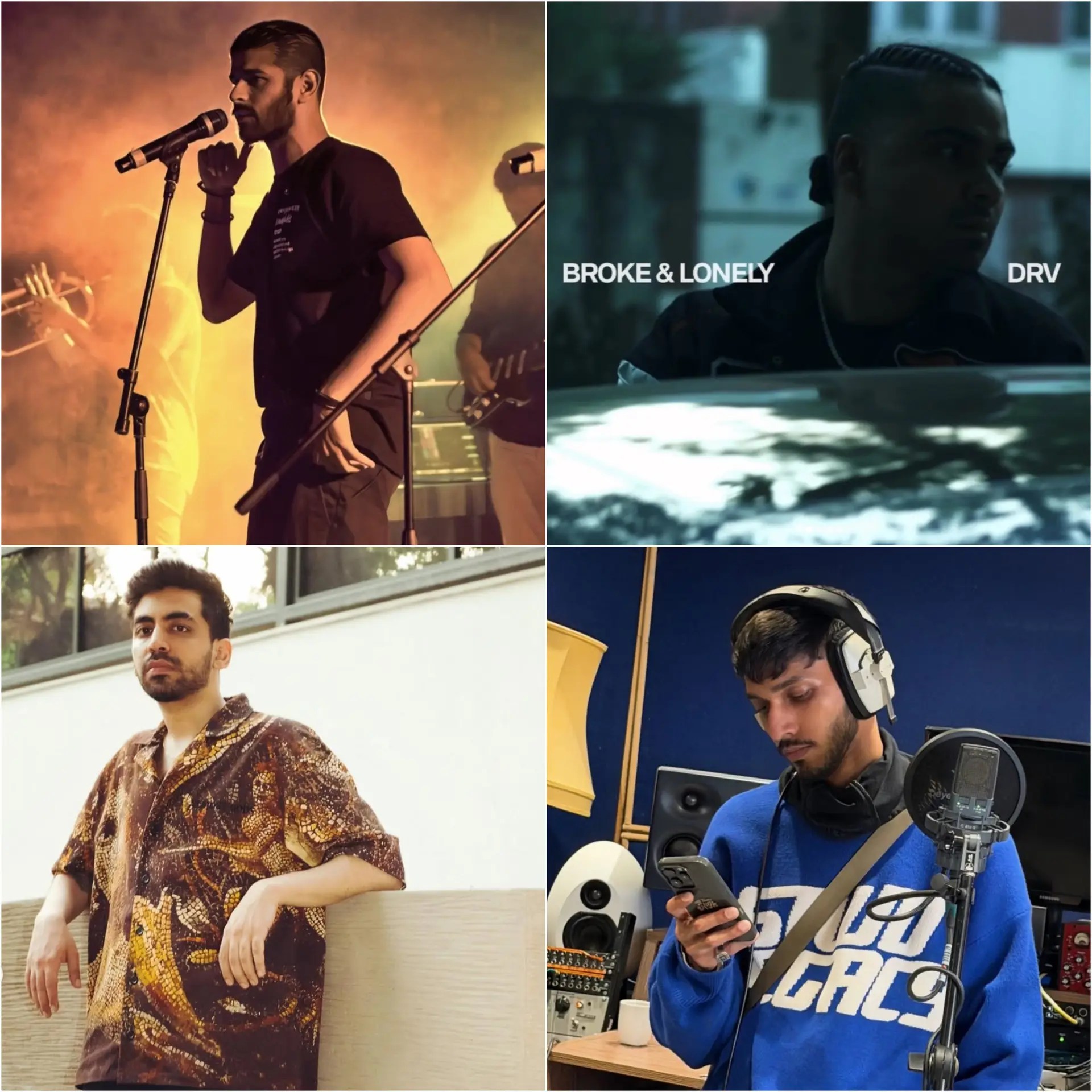 Collage featuring Enkore performing on stage, DRV from his “broke & lonely” visual, Saar Punch posing outdoors, and Talha Anjum recording in the studio — representing the artists in the DR Weekly Picks for December 11, 2025.