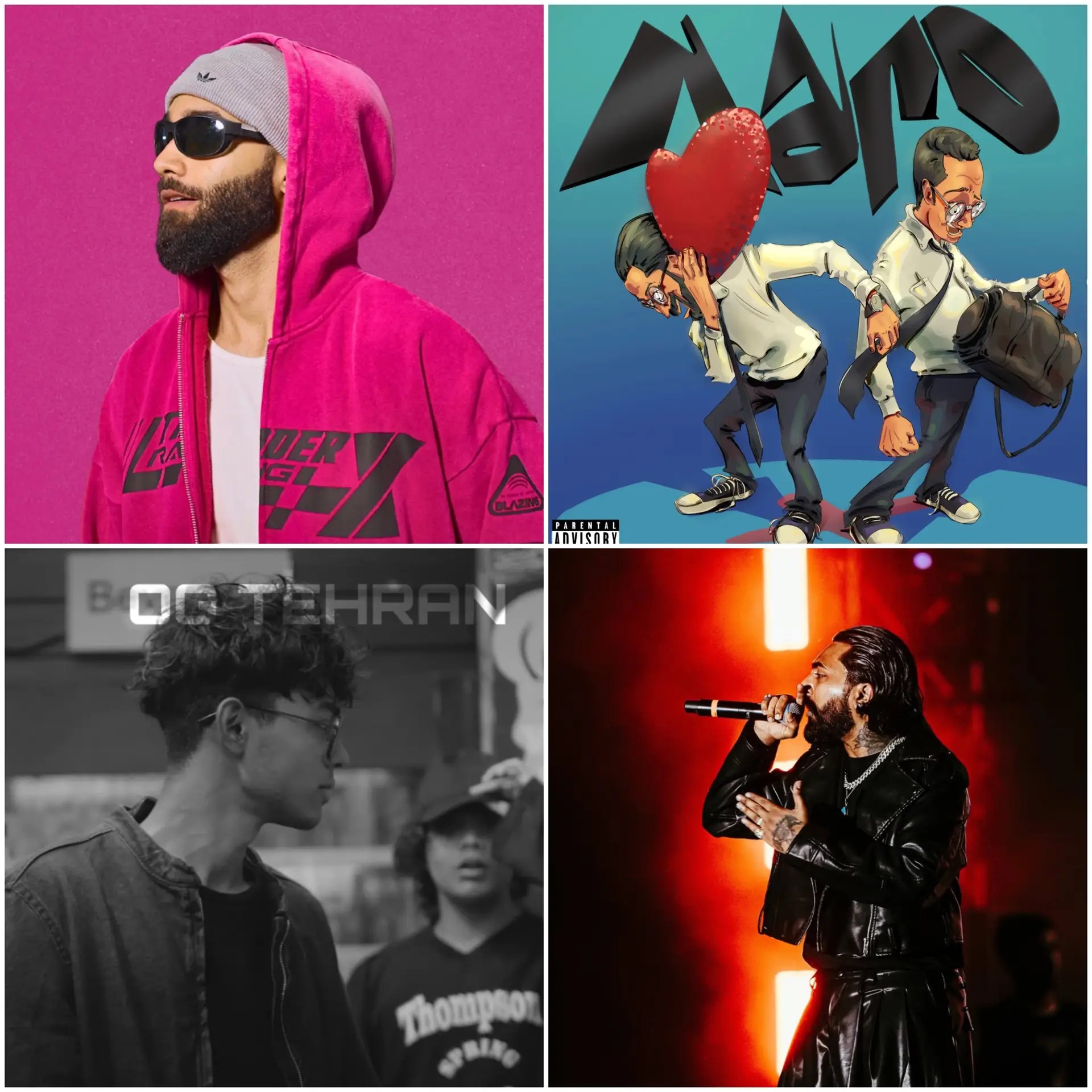 A four-panel collage featuring vichaar in a pink hoodie, Rebel 7 & Lil Kabeer from their ‘Nano’ cover art, OG Tehran in a street shot, and Bella performing live on stage: representing December 4, 2025 Desi Renaissance Weekly Picks
