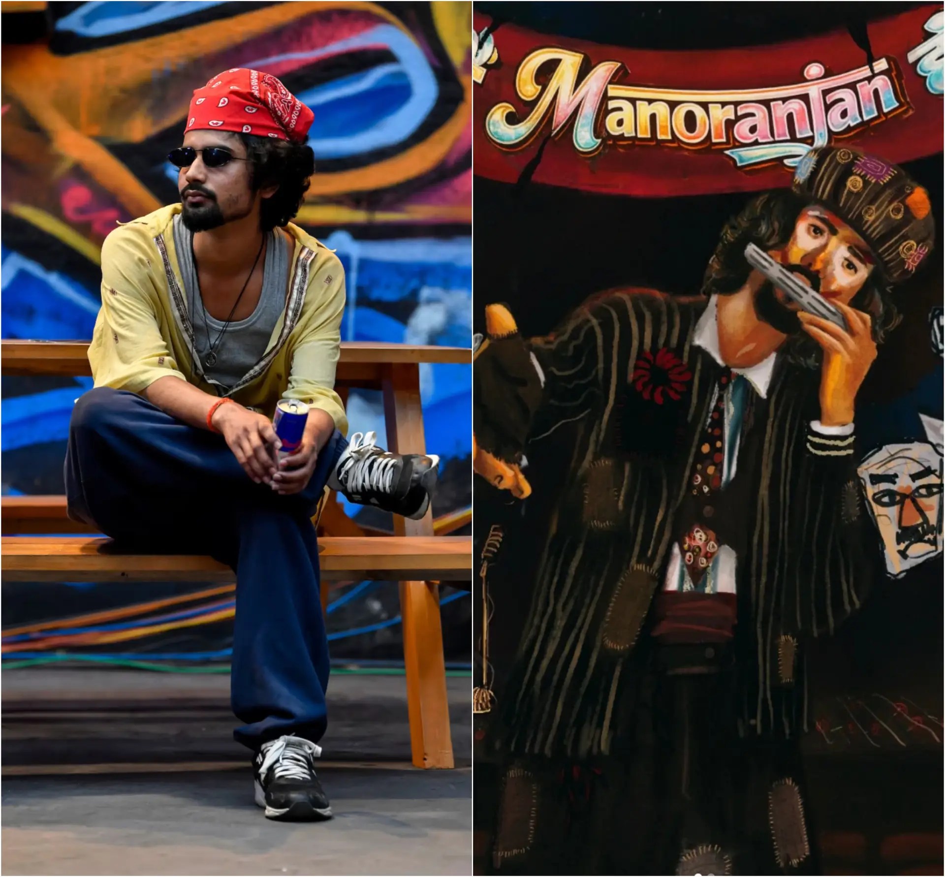 Albela sitting with graffiti background alongside Main Manoranjan Hoon EP artwork Indian hip hop review