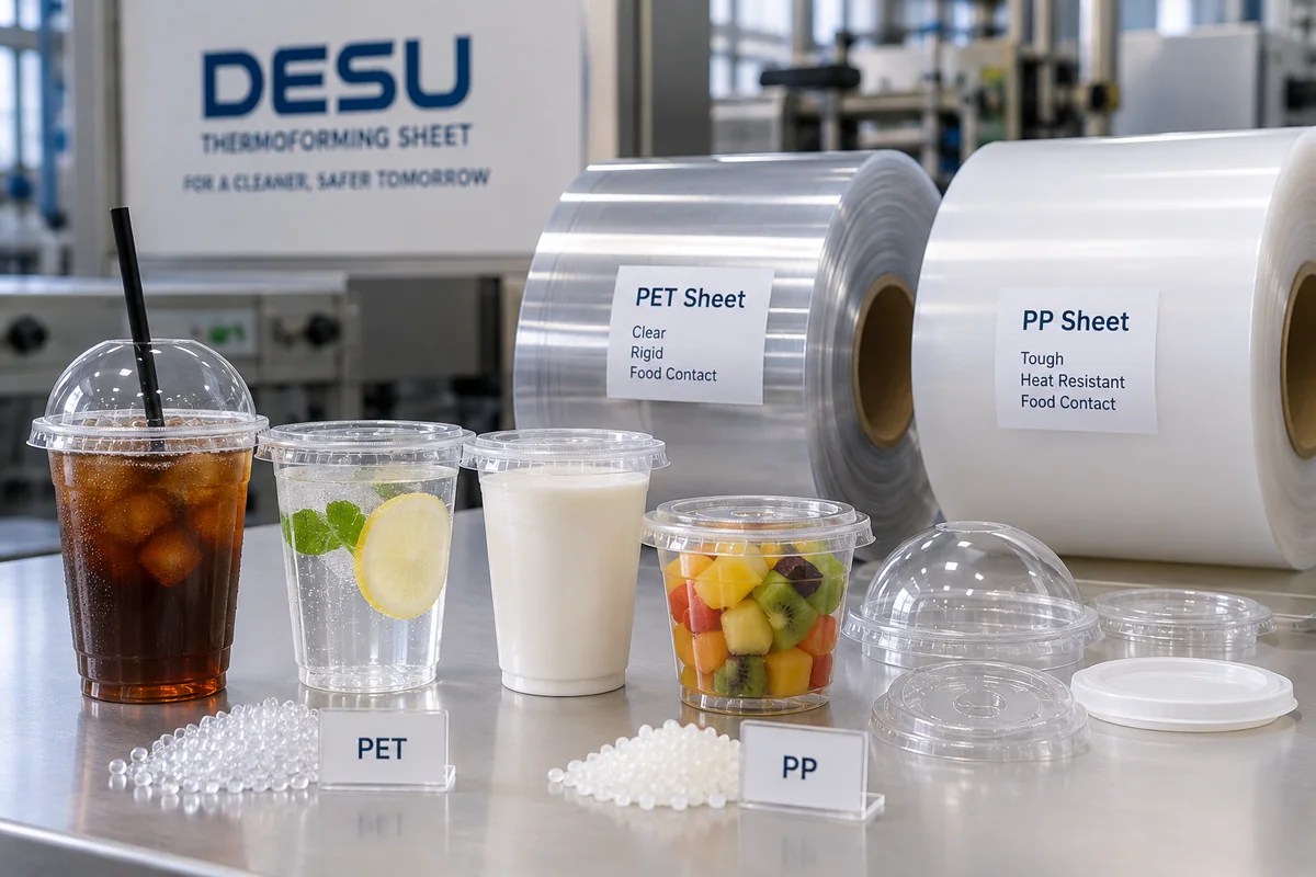 PET and PP thermoforming sheet rolls compared with formed cups and lids