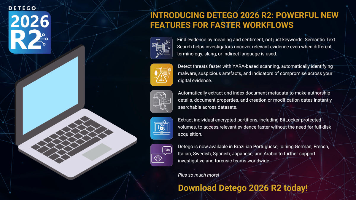 Promotional banner for Detego 2026 R2: a laptop illustration on the left, a right-side list of new features with icons, and a bold 'Download Detego 2026 R2 today!' call to action.