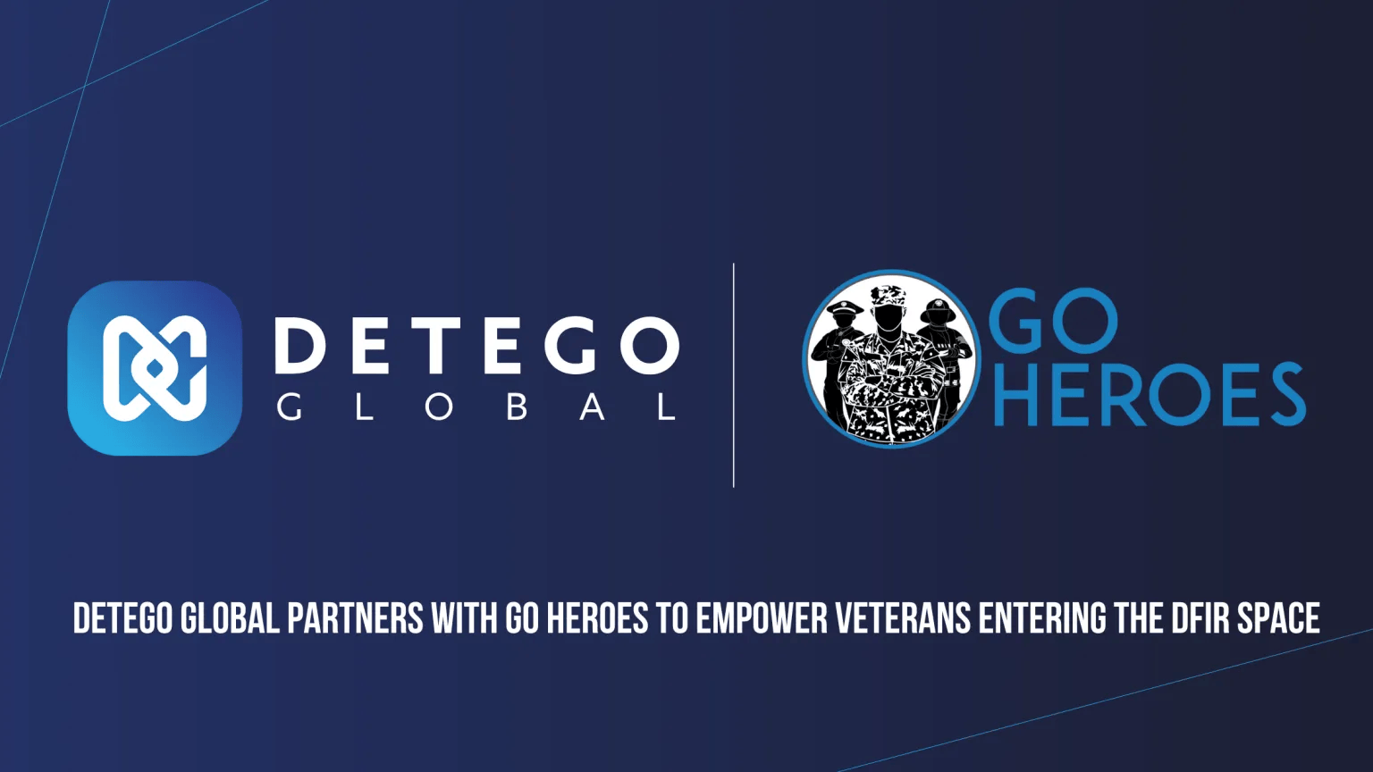 Logo collage: DETEGO GLOBAL on left and GO HEROES on right with a vertical divider, dark blue gradient background, bottom caption announces partnership.